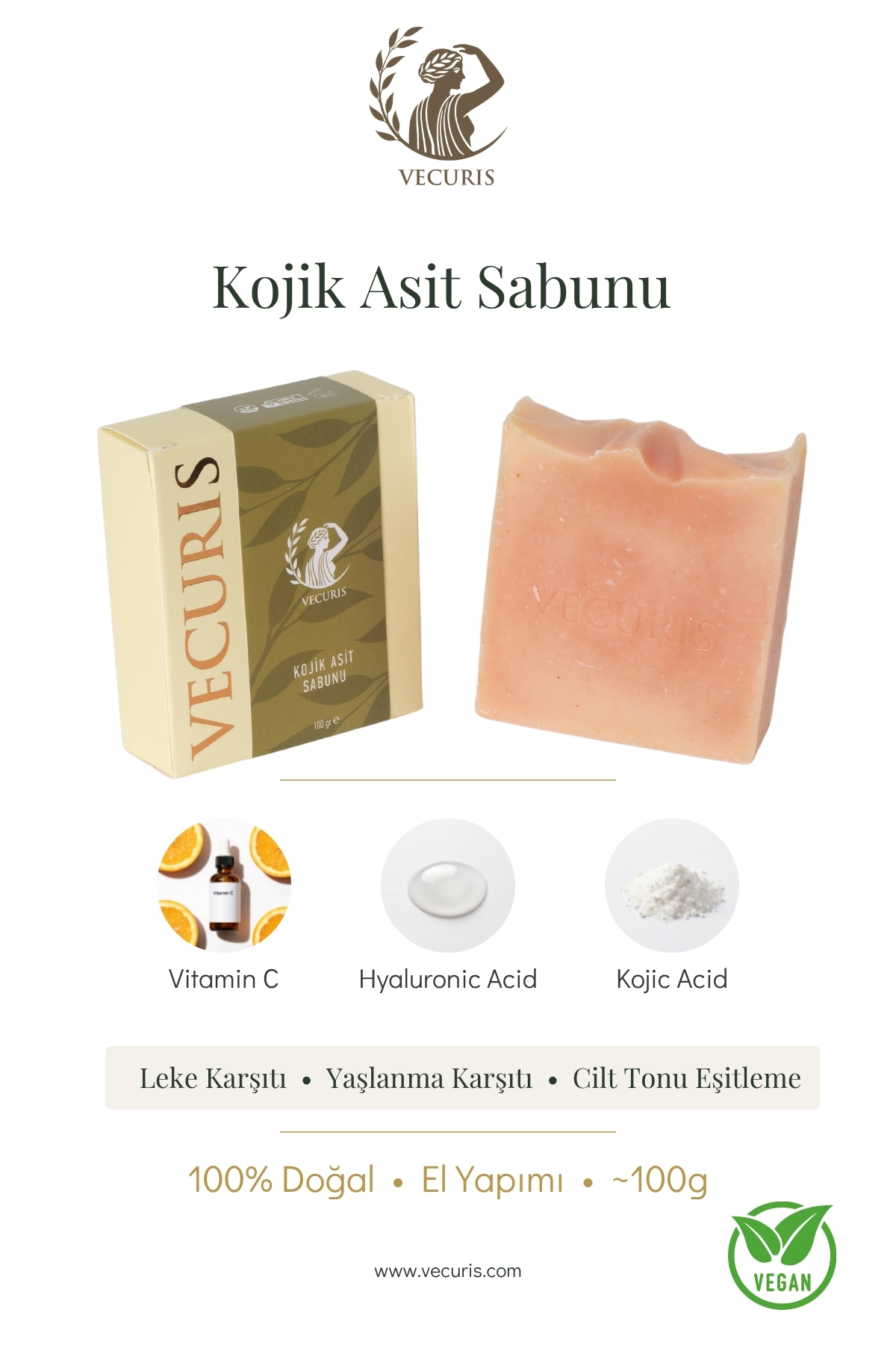 Leke Karşıtı Kojik Asit Sabunu | Kojik Asit, C Vitamini, Hyalüronik Asit | Doğal Sabun